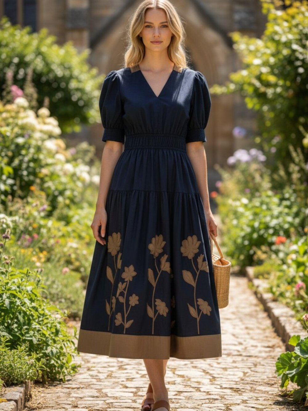 Current Air Navy Floral Puff Sleeve Midi Dress NWT XS